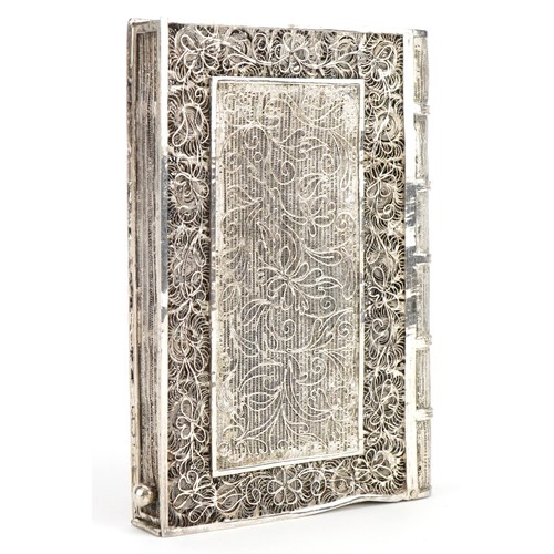 2689 - Chinese unmarked silver filigree card case in the form of a book, 8.0cm high, 47.0g