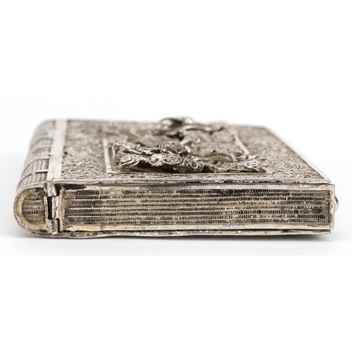 2689 - Chinese unmarked silver filigree card case in the form of a book, 8.0cm high, 47.0g