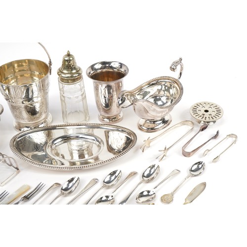 1241 - Silverplate including an oval entree dish with cover, ice bucket with swing handle, sauceboat and cu... 