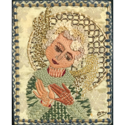 1663 - Arts & Crafts style textile embroidered with an angel, mounted, framed and glazed, 18cm x 14cm exclu... 