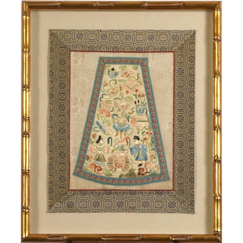 79A - Two Chinese silk textiles, one finely embroidered with figures and lucky objects, each framed and gl... 