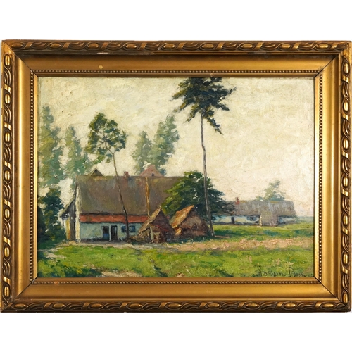 1501 - Rural landscape with farm buildings, oil on board, mounted and framed, 53cm x 39cm excluding the mou... 