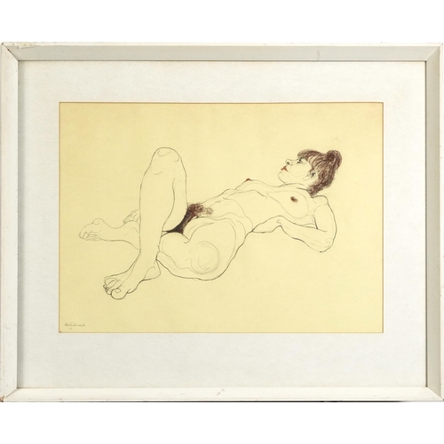 1370 - Study of a reclining nude female, pencil and coloured crayon, indistinctly signed and dated, possibl... 