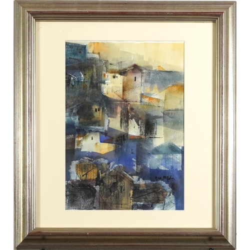 1364 - Abstract composition, buildings, mixed media and collage, indistinctly signed in ink, mounted, frame... 