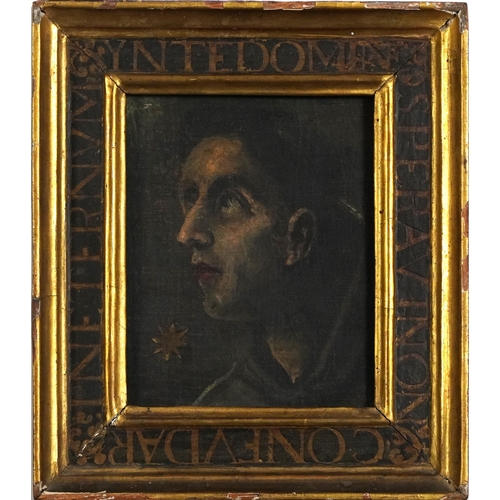 1294 - Portrait of a saint looking skywards, antique Old Master oil on canvas, housed in a Latin inscribed ... 