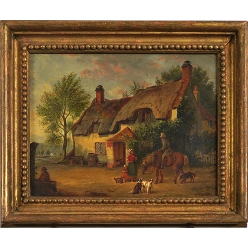 1453 - Figures and dogs before a thatched cottage, 19th century oil on canvas, indistinctly monogrammed, po... 