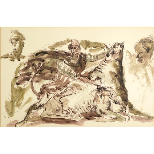 1550 - Attributed to John Hutton - Study for Mithras, sepia ink and watercolour, inscribed verso, mounted, ... 