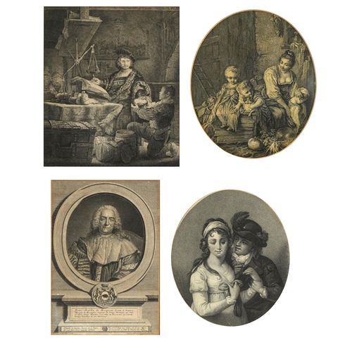 1730 - Four antique engravings including one after Rembrandt van Rijn and one depicting Charles de Maupeou,... 