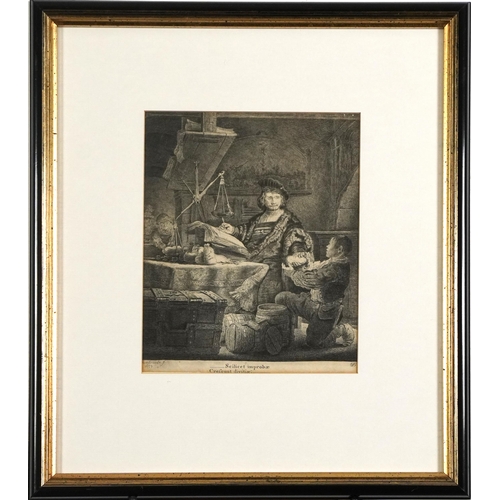 1730 - Four antique engravings including one after Rembrandt van Rijn and one depicting Charles de Maupeou,... 