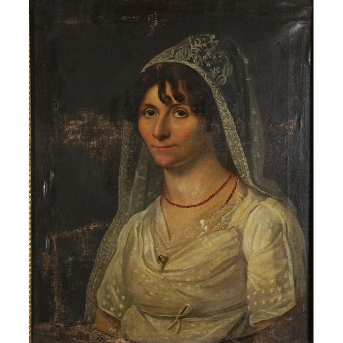 Head and shoulders portrait of a lady wearing white veil and coral necklace, late 18th/early 19th century oil on canvas housed in a gilt frame, 62cm x 51cm excluding the frame