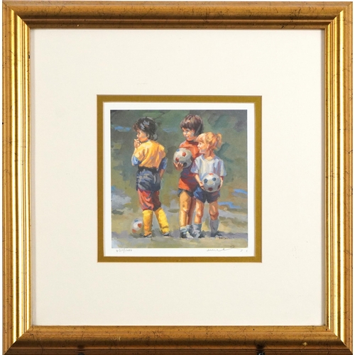 1731 - Lucelle Raad - Three children playing football, pencil signed print in colour, limited edition 430/1... 