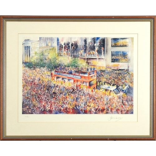 1357 - J Arnott 1999 - Manchester Pride Parade with red double decker bus, pencil signed print in colour, l... 