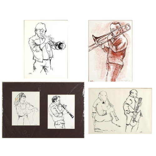 1479 - Karel Lek - Jazz Musicians playing instruments, five Welsh mixed medias and inks including Oscar Dav... 