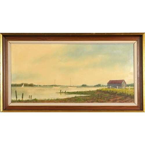 1609 - A H Thistle - Boats on an estuary, oil on board, mounted and framed, 71cm x 40cm excluding the mount... 