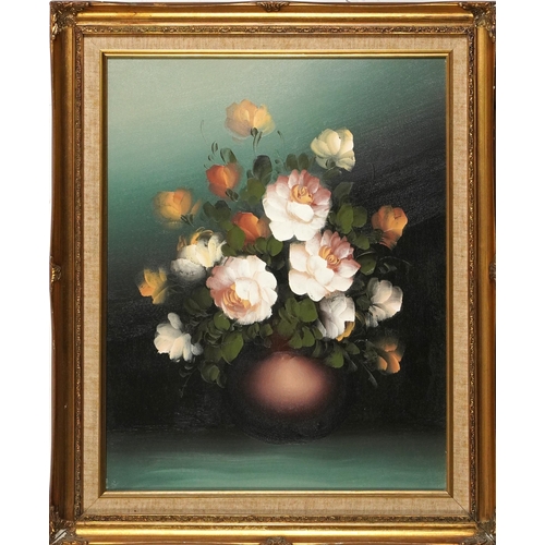 1577 - Still life roses in a vase, oil on canvas, mounted and framed, 49.5cm x 39cm excluding the mount and... 