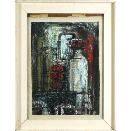 1378 - Abstract composition, industrial scene, gouache, mounted, framed and glazed, 66cm x 49cm excluding t... 