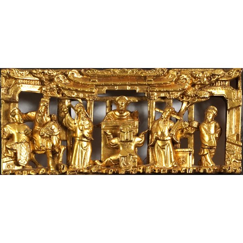 81 - Two Chinese giltwood panels deeply carved with an Emperor and attendant and with figures crossing br... 