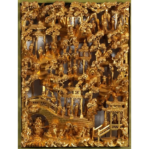 81 - Two Chinese giltwood panels deeply carved with an Emperor and attendant and with figures crossing br... 