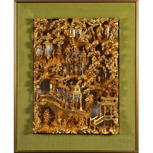 81 - Two Chinese giltwood panels deeply carved with an Emperor and attendant and with figures crossing br... 