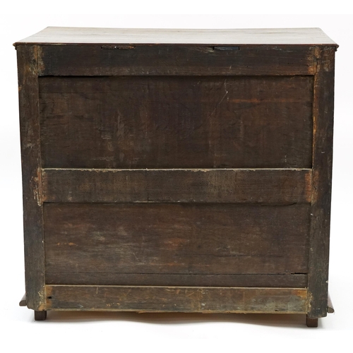 1045 - Jacobean style oak four drawer chest with brass handles and bun feet, 81cm H x 87cm W x 54cm D