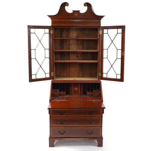 1054 - Inlaid mahogany bureau bookcase with fitted interior, 226cm H x 91cm W x 55cm D