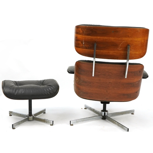 1001 - Selig, Mid Century Eames longue chair and matching footstool with brown leather button upholstery, t... 