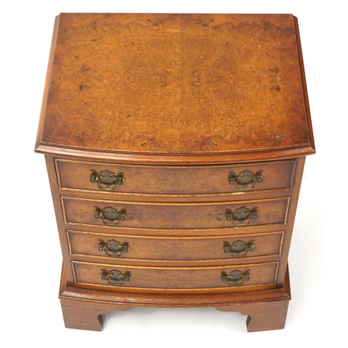 1012 - Reprodux, bird's eye maple bow fronted four drawer chest of small proportions, 60cm H x 46cm W x 35.... 