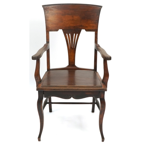 1024 - Jas Shoolbred and Co, mahogany armchair with H stretcher, 100cm high