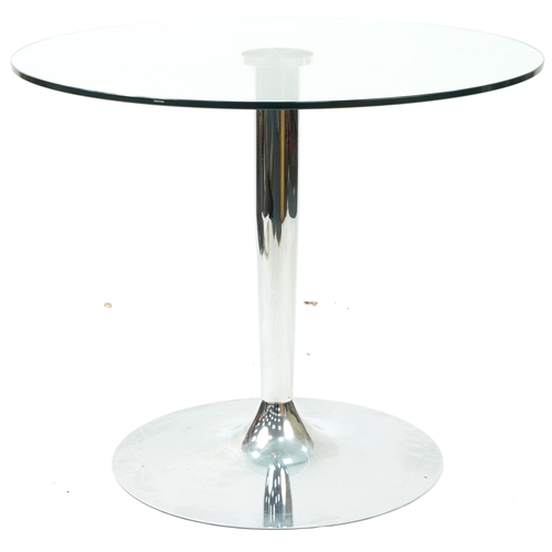 1026 - Calligaris, Italian circular chrome and glass dining table with four red Lucite chairs, the table 75... 