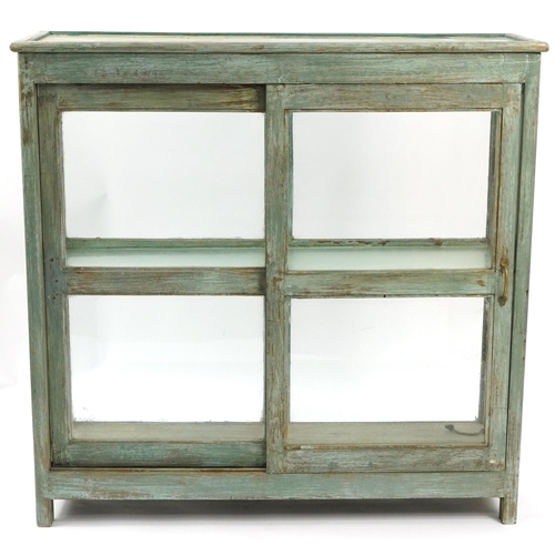 1030 - Shabby chic display case with sliding glass doors, 121cm H x 124cm W x 38.5cm D