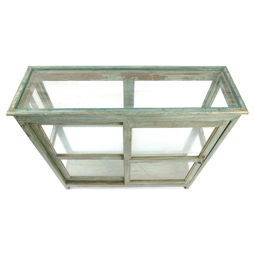 1030 - Shabby chic display case with sliding glass doors, 121cm H x 124cm W x 38.5cm D