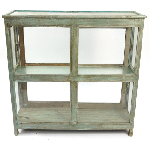 1030 - Shabby chic display case with sliding glass doors, 121cm H x 124cm W x 38.5cm D