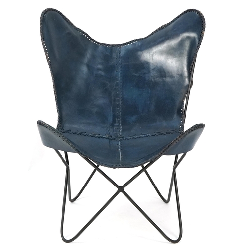 1051 - Industrial style blue leather and wrought iron tub chair, 92cm high