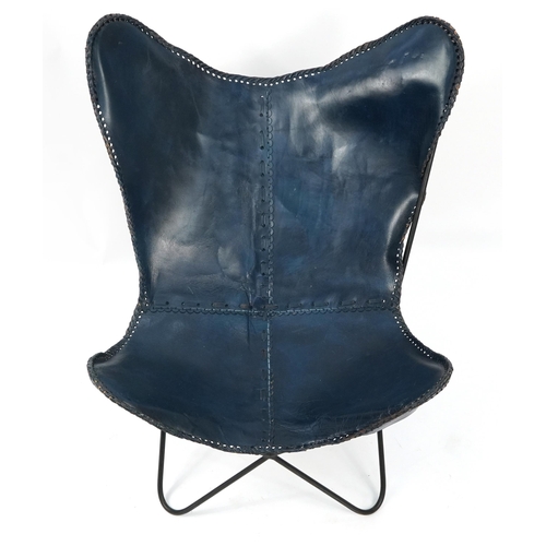 1051 - Industrial style blue leather and wrought iron tub chair, 92cm high