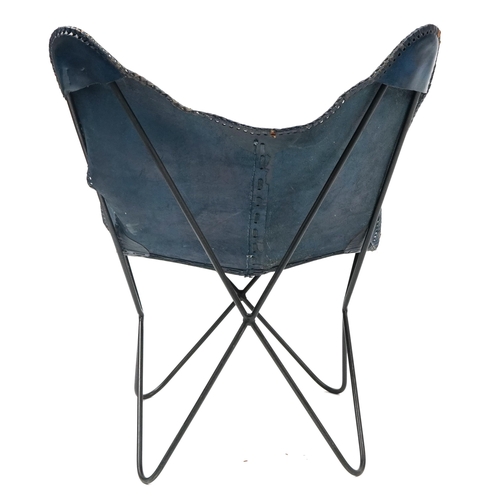 1051 - Industrial style blue leather and wrought iron tub chair, 92cm high