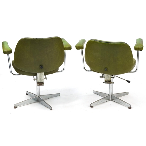 1058 - Pair of industrial style chrome framed chairs with green faux leather upholstery, 75cm high