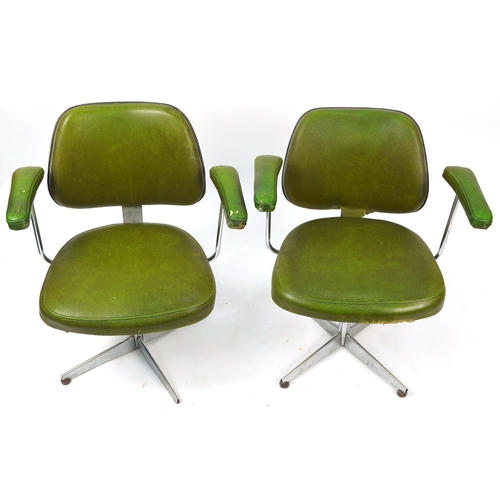 1058 - Pair of industrial style chrome framed chairs with green faux leather upholstery, 75cm high