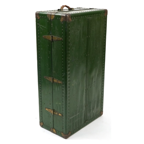 1066 - Vintage wooden bound steamer trunk with brass fittings, 33.5cm H x 102cm W x 56cm D