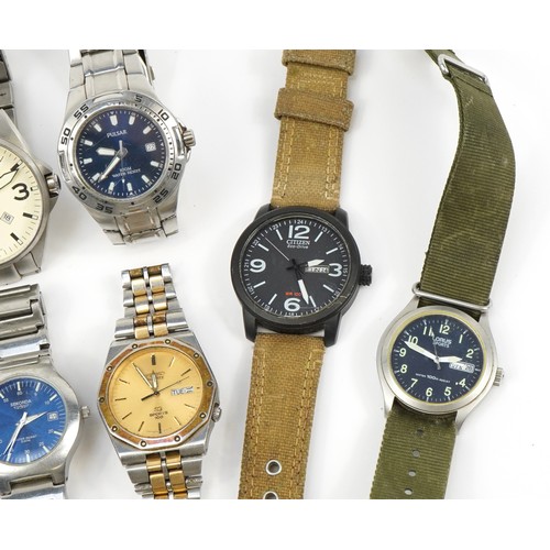 2650 - Nine gentlemen's wristwatches including Citizen Eco Drive, Pulsar, Seiko, Sekonda and Torgen