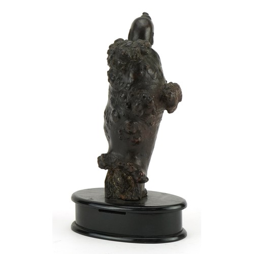60 - Chinese root wood carving of an elder raised on a later oval ebonised base, overall 23.5cm high