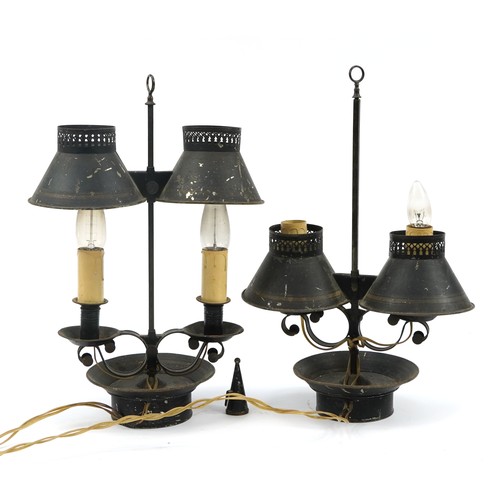 359 - Pair of early 20th century tin bouillotte adjustable twin table lamps, 52.5cm high