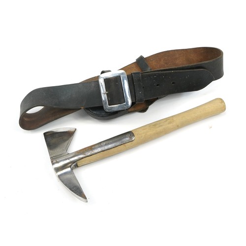 701 - Military interest fireman's axe with leather belt and holdall, the axe 39cm in length