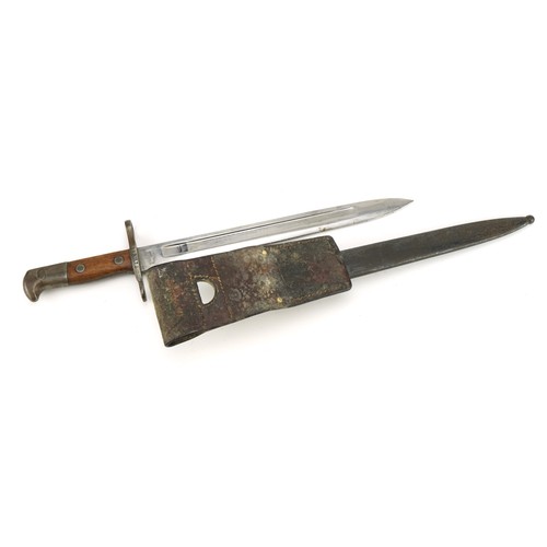 694 - German military interest sword with scabbard, leather frog and steel blade impressed Waffenfabrik Ne... 