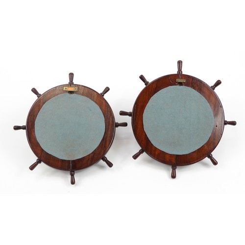 362 - Pair of Ships wheel design mahogany and brass port hole photo frames, each 31cm in diameter