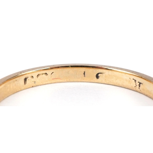 2240 - Gold wedding band, indistinct hallmarks, size M/N, 1.3g