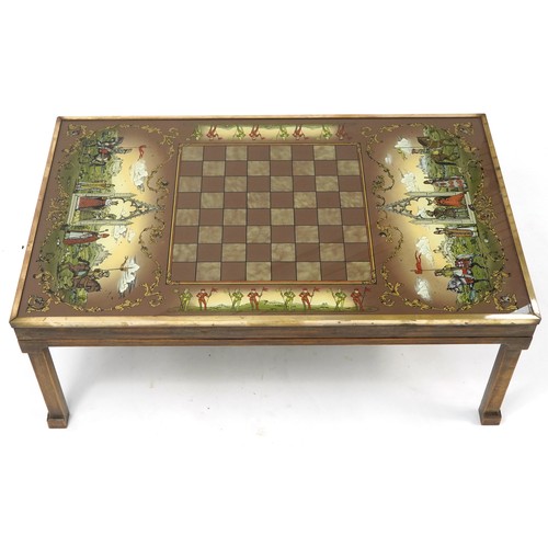 1076 - Reverse glass painted medieval design chess table inscribed G Hosking, 40cm H x 102cm W x 61cm D