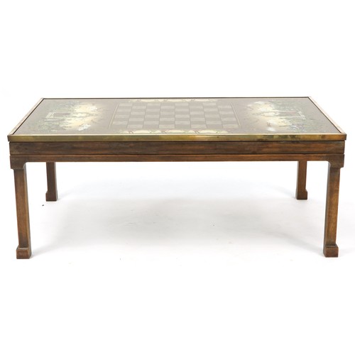 1076 - Reverse glass painted medieval design chess table inscribed G Hosking, 40cm H x 102cm W x 61cm D