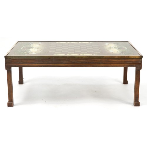 1076 - Reverse glass painted medieval design chess table inscribed G Hosking, 40cm H x 102cm W x 61cm D