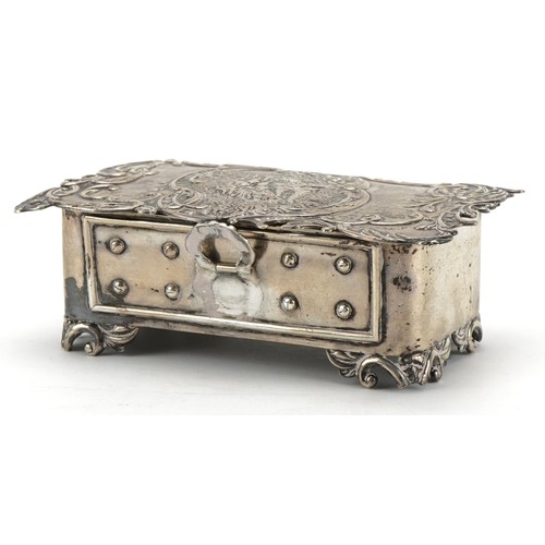 2723 - Silver jewel casket embossed with figures and scrolling foliage, indistinct London hallmarks, 5cm hi... 