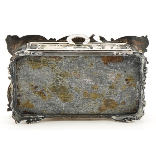 2723 - Silver jewel casket embossed with figures and scrolling foliage, indistinct London hallmarks, 5cm hi... 